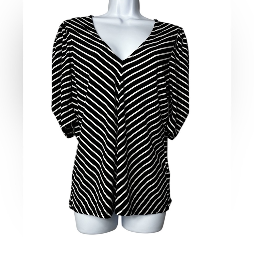 FRAME Shirred Top Women Size Medium Striped Puff Sleeve V-neck Tee Noir Multi